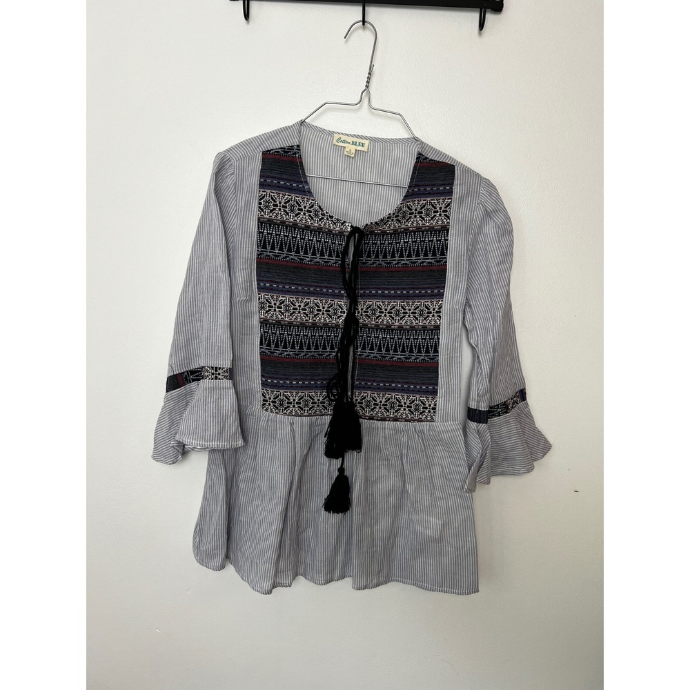Cotton Bleu Striped Embroidered Peplum Peasant Blouse‎ Tassel Tie Front Small